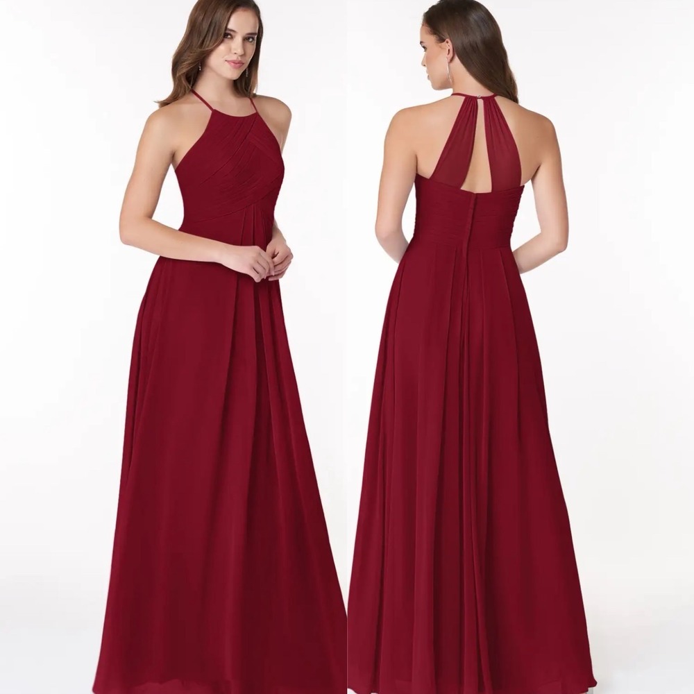 Azazie Halter Pleated Chiffon Bridesmaid Maxi Dress Burgundy M / C Formal Prom